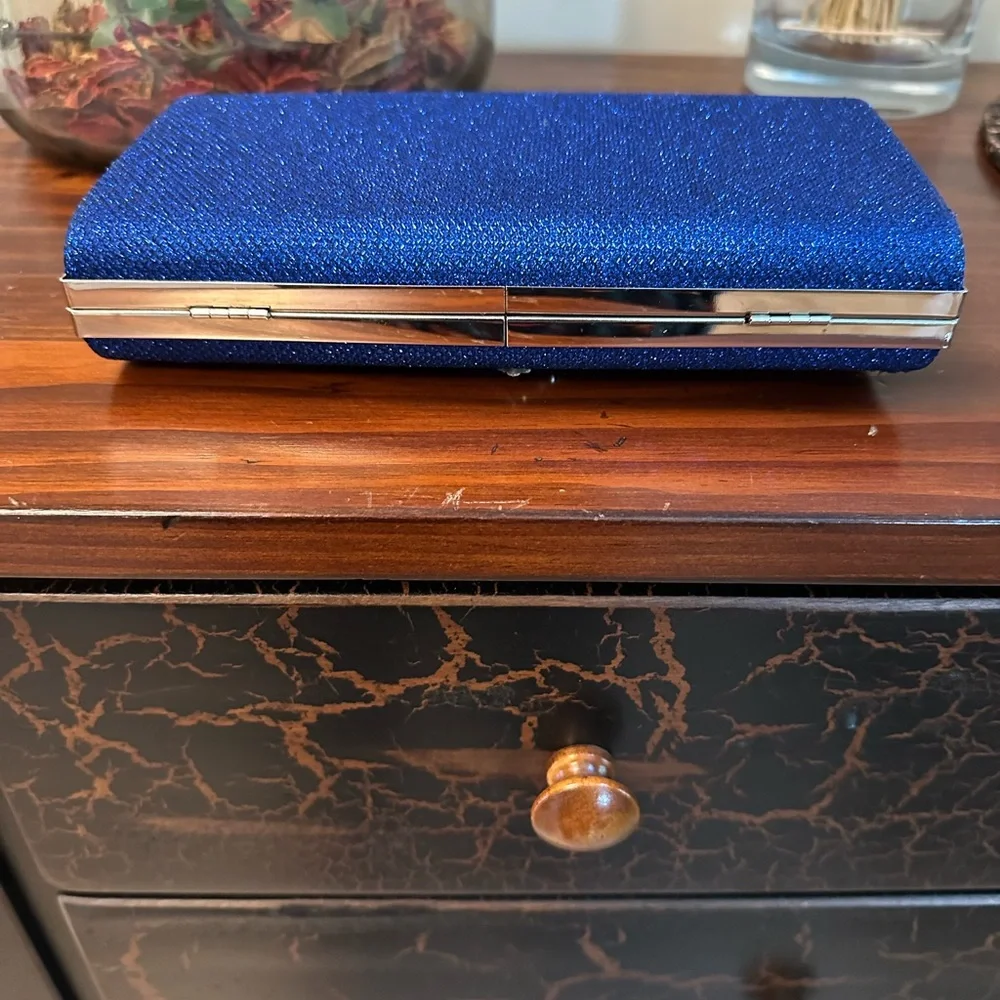 Elegant Blue Clutch with Rhinestone Accents and Chain Shoulder Strap DAMAGED